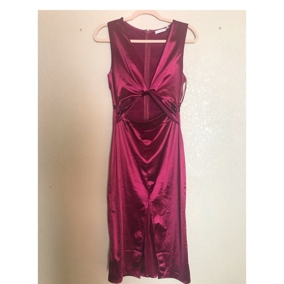 Lush Satin Cutout Burgundy Cocktail MIDI Dress - Picture 5 of 10
